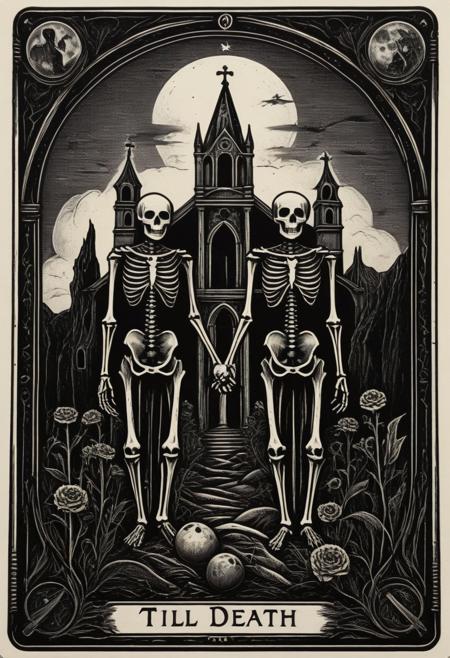Tarot card with the words "Till Death" at the bottom. Two skeletons stand together. One male and a smaller female. Both wear tattered Victorian clothing. They hold hands standing side by side. Both look at the viewer.  Desolate graveyard. Ruined church in the background. Black. High contrast. Ornate border. faded frayed edges. Linocut. monochrome linocut. tarot_card