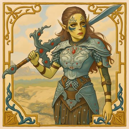 Laezel, Lae'zel, Baldur's Gate 3, Baldurs Gate 3, yellowish green skinned elf alien, pointy ears, face tattoo, brown updo hair, metallic long sword, decorated armor, metallic armor, leather belts, red rubys, leather skirt straps, yellowish green skin, yellowish green hands, yellowish green face,  thin lips, small nose, serious, black tattoos, black facepaint, yellow eyes,
art nouveau style, Alphonse Mucha Style, ArsMJStyle, Art Nouveau, AlfMch, style of Alphonse Mucha,
best quality, ultra-detailed,
