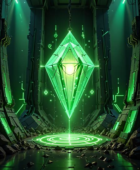 ((masterpiece, best quality)), high resolution, 32k picture, professional render, trending on artstation, Necron, full body shot, big diamond cube ((green-glowing)) . sci-fi cargo hangar, ((green electrical beams)) on the wall, specular floor . photo realistic, high details, 8k, sharp focus, bokeh, HDR, DOF, volumetric lighting, ((multi-colored artistic lighting)), vibrant shades, best quality