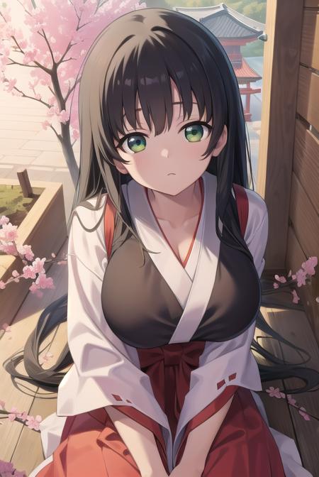 kasumiiwato, <lora:kasumiiwatotest:1>,
kasumi iwato, long hair, (black hair:1.5), (green eyes:1.3), (huge breast:1.2), (hair between eyes:1.5),
BREAK skirt, cleavage, japanese clothes, hakama, hakama skirt, miko,
BREAK looking at viewer,
BREAK outdoors, shrine,
BREAK <lora:GoodHands-vanilla:1>, (masterpiece:1.2), best quality, high resolution, unity 8k wallpaper, (illustration:0.8), (beautiful detailed eyes:1.6), extremely detailed face, perfect lighting, extremely detailed CG, (perfect hands, perfect anatomy),