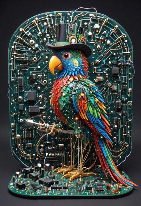 embedding:lazmpos, Transistors, pcb_style, LED, colorful LED lights, RGB lights, red green and blue parrot, art deco, top hat, cane, monocle,RetroBG
