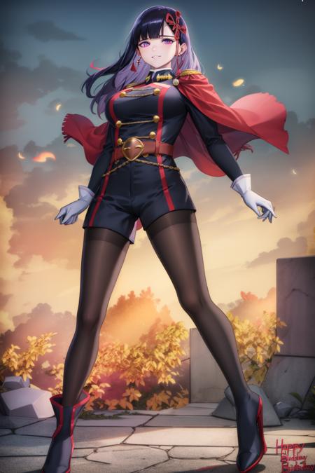 best quality,masterpiece,from_below,looking_at_viewer,looking_down,Master piece,extremely detailed CG unity 8k,cinemic lighting,
yamashiro768, purple eyes, 1girl, pantyhose, solo, black hair, purple eyes, gloves, cape, long hair, white gloves, breasts, black pantyhose, belt, red cape, boots, blue footwear, full body, large breasts, hair ornament, looking at viewer, happy birthday, bangs, long sleeves, purple footwear, high heels, cloud
 <lora:dim32Nai10_yamashiro768-000004:1.1>