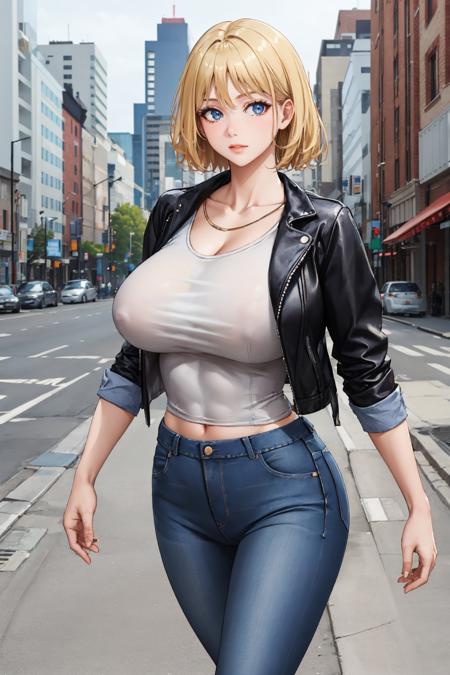 masterpiece, best quality,  <lora:powergirl-nvwls-v1-000009:1> pwrgirl, blonde hair, large breasts, black t-shirt, jeans, leather jacket, looking at viewer, from side, walking, cityscape