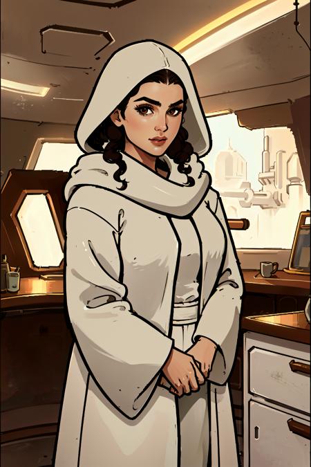 padme sd, looking at viewer, brown hair, brown eyes, ((mature female)),robe,((hood up)),long hair, very curly hair,  apartment,  spaceship interior, portrait,   <lora:padme sd -000009:0.7>, <lora:more_details:-1>