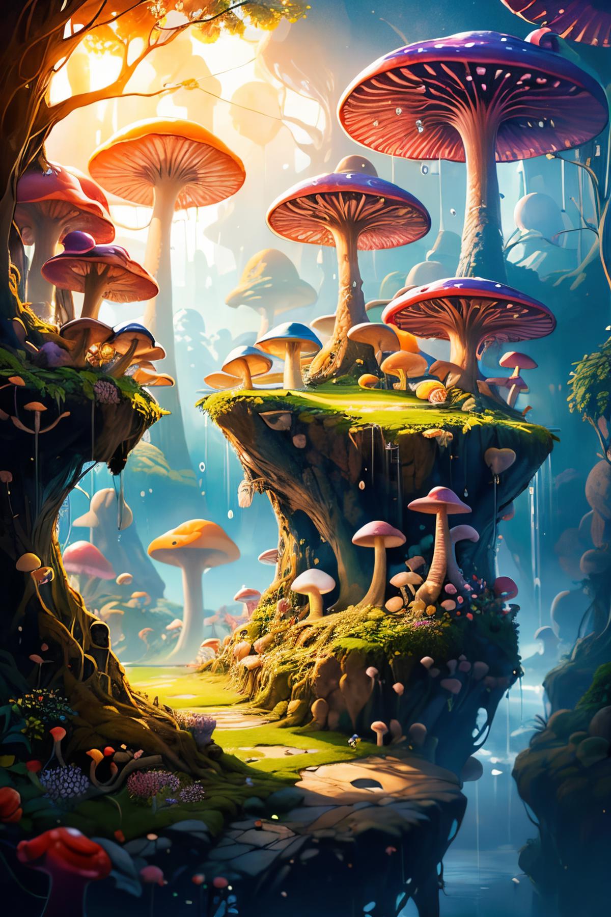 A vibrant, colorful mushroom forest with mushrooms growing on rocks and a blue sky.