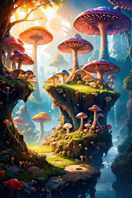 (Realistic:1.5) EdobFairyTaleLandscape, stream, mushroom, leaf, floating island, rain, sunbeam, bird, forest, lamppost, building, <lora:EdobFairyTaleLandscape_v1.0:0.8>