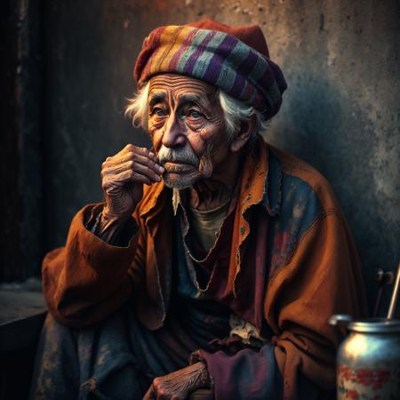 An old beggar, colorful,
yang08k, photography, beautiful,  black background,
masterpieces, top quality, best quality, official art, beautiful and aesthetic,  realistic,
 <lora:yang08k:0.7>