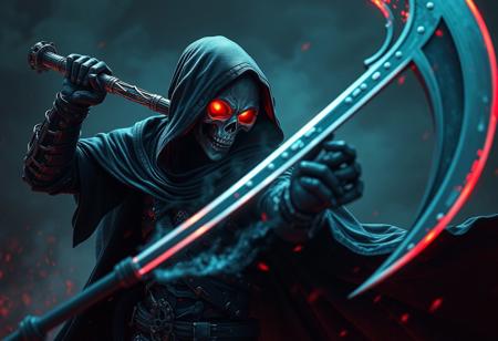 Cyborg Grim Reaper in black cloak swinging scythe. Chronomaly Crystal Skull face, intense red glowing eyes. Dynamic pose, dramatic ominous lighting, dark fantasy. Cinematic, Octane Render, Unreal Engine 5 pro, trending on Artstation, CGSociety. High-res 4K, super detailed, impeccable composition, Golden Ratio, Splash Ink illustration, matte painting, sharp focus.