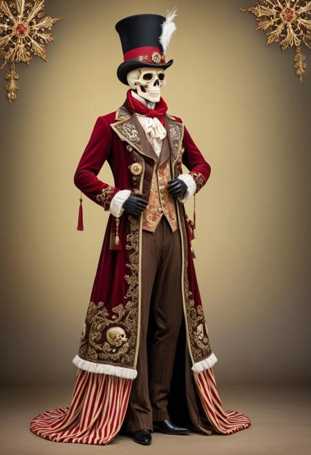 Vintage,
Steampunk character in a floor-length velvet coat, gold tassels, embroidered snowflakes, leather top hat with skull emblem, red-and-white striped details, ruffled scarf, and feathered accents.  Cast bronze surface, vibrant complimentary colors, antique patina finish, contrasting colors, balanced tones.