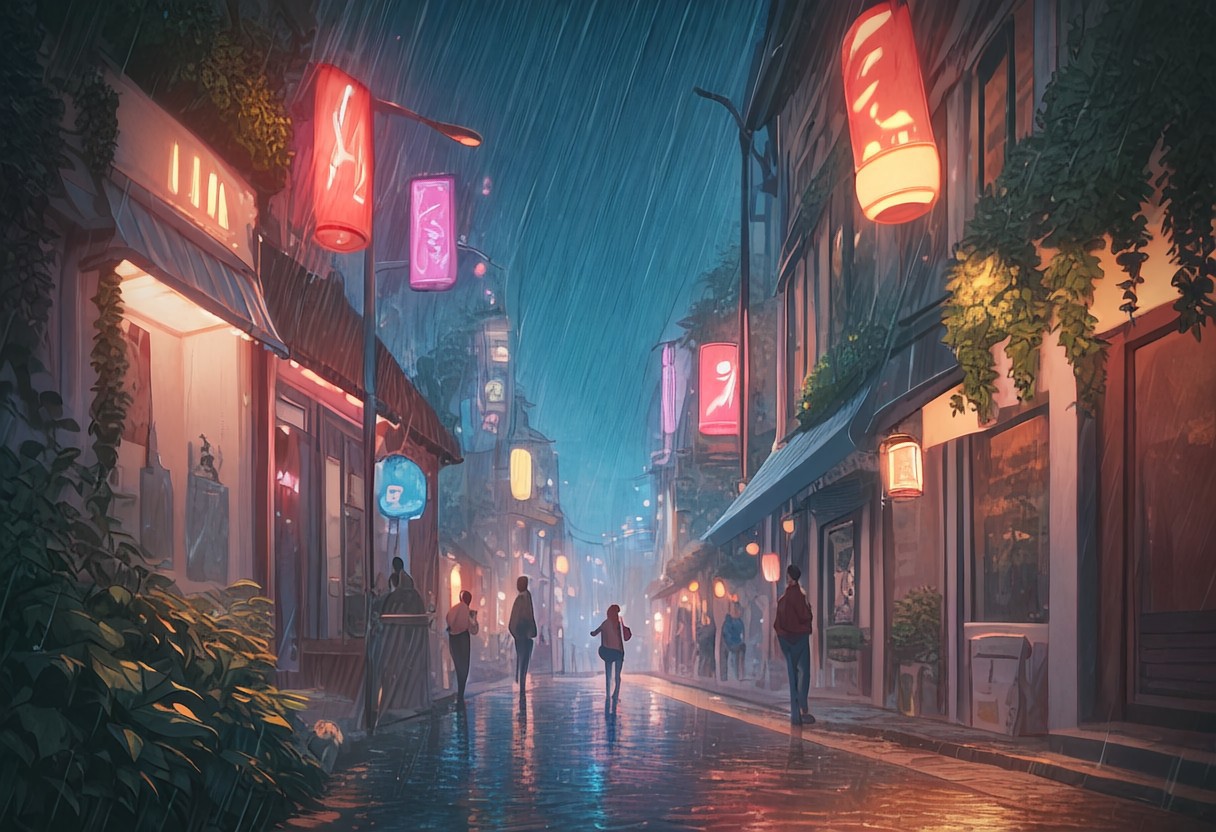 score_9, score_8_up, score_8. score_9, score_8_up, score_7_up, masterpiece, 4k, high quality, (best quality:1.1),anime, beautiful drawing, rainy street, a melancholic nerd looks at the sky with rain mixed with tears and wonders about the future