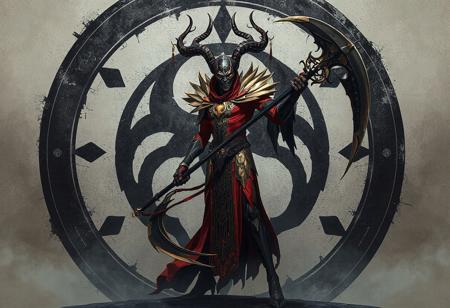 "Create a captivating digital illustration of a Dark Spirit of the Silent, standing alone against a stark Cursed Seal of the Forbidden Spell. The Dark Spirit's predominantly red and gold body should feature intricate black and white accents, and it should be wielding a Dreadscythe in a ready-for-action dynamic pose. Utilize vivid colors, cinematic lighting, and balancing editing to showcase the exceptional details and lifelike features of the Dark Spirit, resulting in a highly detailed 8k artwork that is trending on ArtstationHQ and conveys a powerful message."