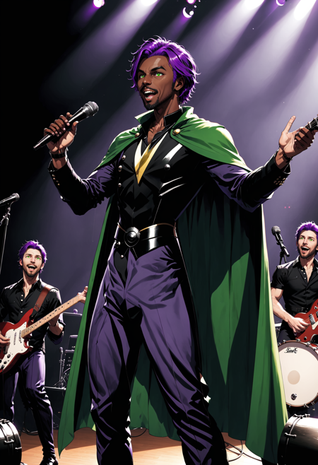 <lora:AnimatedNightmaresStyle:0.8> Animated Nightmare Style, 2boys, 3boys, 4boys, beard, black shirt, cape, collared shirt, concert, dark skin, dark-skinned male, drum, drum set, electric guitar, facial hair, green cape, green eyes, green jacket, guitar, holding, holding microphone, instrument, jacket, leotard, lips, looking at viewer, male focus, microphone, multiple boys, music, pants, playing instrument, purple hair, shirt, short hair, singing, smile, solo focus, spotlight, stage, stage lights