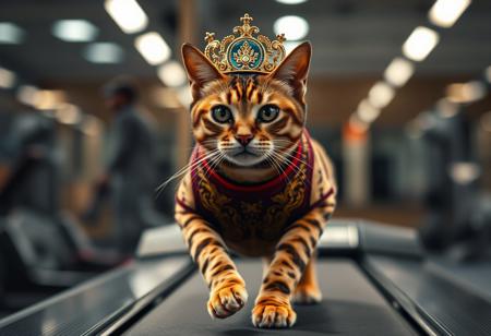 “A majestic Bengal cat wearing a delicate golden crown, dressed in a fitted, high-quality gymnast suit with intricate textures and vibrant colors, running on a treadmill. Captured in high resolution with a Panavision 105mm lens for a cinematic, hyper-detailed look. The scene is set in a polished gym environment, featuring realistic lighting that accentuates each detail of the cat’s fur, the suit’s fabric, and the subtle reflections on the treadmill. Deep, cinematic colors and dynamic lighting emphasize the regal and focused expression of the cat, with every whisker, fur strand, and fabric fold rendered in sharp clarity.”