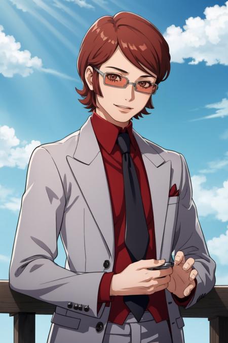 masterpiece, best quality, solo, smile, 1boy, looking at viewer,   <lora:Katsuya_Fp:1>, katsuyap2, glasses, necktie, grey suit, formal,  <lora:FE-ENGAGE S Rank_Fp:1>, sky, clouds,