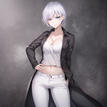 natalia_kaminski a girl with grey  hair in a black jacket smoking a cigarette, 1girl, solo, blue eyes, cigarette, short hair, breasts, room background, indoors, an anime illustration of a woman holding a gun, 1girl, weapon, gun, solo, short hair, blue eyes, fire, navel, long coat, midriff, day, outdoors, white hair, woman wearing black coat and white shirt is holding a gun and giving a sinister face, 1girl, solo, weapon, breasts, short hair, gun, navel, cleavage, cigarette, midriff, belt, blue eyes, large breasts, pants, coat, smoking, handgun