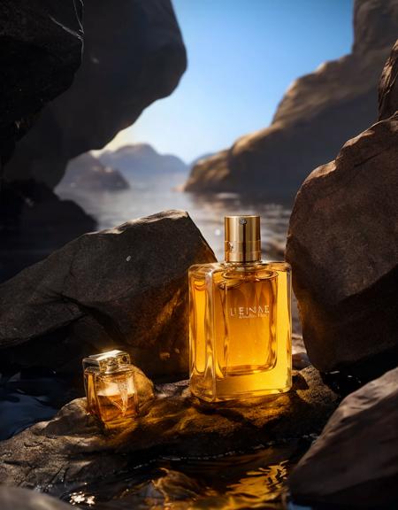 anse,Men's perfume, rocks, water, bright light,octane render, unreal engine, film grain, bokeh, blur foreground, blur background,gradient background,blur