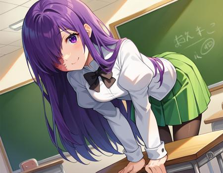 hanako ikezawa, hair over one eye, long hair, purple eyes, purple hair, scar, pantyhose, school uniform, skirt, shirt, long sleeves, white shirt, juliet sleeves, green skirt, pleated skirt, bow, bowtie, black bowtie,