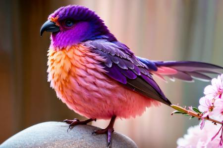 (masterpiece, best quality:1.2), ultra-detailed, Pink, purple, and orange bird, (realistic:1.5), <lora:EdobBirds_v1.0:1>