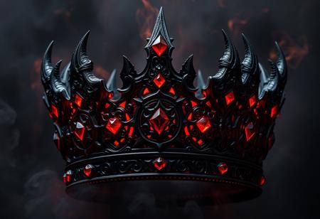dark and ornate crown, adorned with jagged gemstones, intricate demonic symbols carved into black metal, glowing faintly with crimson energy, dark ethereal smoke rising from the crown, jagged horns extending from the sides, pulsating with infernal power, deep red and black hues, glowing runes circling the crown, high resolution, photorealism, ((masterpiece)), soft crimson light illuminating the surroundings, dark magic radiating from within, revered and feared artifact, ancient demonic power, sharp angular design, a mist of dark energy enveloping the crown