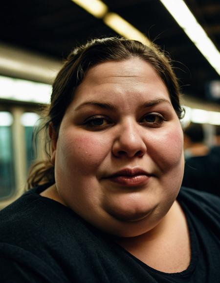 lewd, slutty, photograph, portrait, close up of a morbidly obese Sasi, Face Mask, inside of a Graceful Train station, Amusing, Cold Lighting, designed by Elsie Driggs, funny, photo, organic, dramatic, dynamic cinematic color, excellent composition, detailed, atmosphere, enchanted