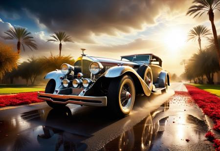 cinematic photo of 1933 Duesenberg SJ, magnificent three pyramids of Giza appear clearly, charm, highly detailed car, Professional lighting, full of life, Lively and energetic, 8K, rays of sun flow beyond heavy clouds, HDR, Fast & Furious movie, motion blur, moving tires, Cinematic Shot, Cinematic Lighting, amazing world, pure perfection, Need For Speed, wide angle exterior background, wet asphalt road, autumn leaves, grass, flowers, jasmine flowers, palm trees, nebula horizon.
