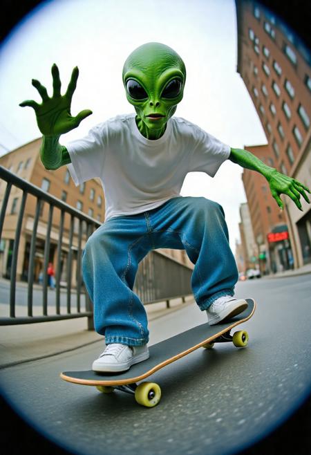 a y2k style photograph of an alien with green skin wearing hiphop style clothing with baggy blue jeans and a white tshirt skateboarding through a city street. The alien is rideing the skateboard along a metal railing as the alien balances on the board with his arms streached out beside him. The shot is taken with a y2k photography style fisheye lense.