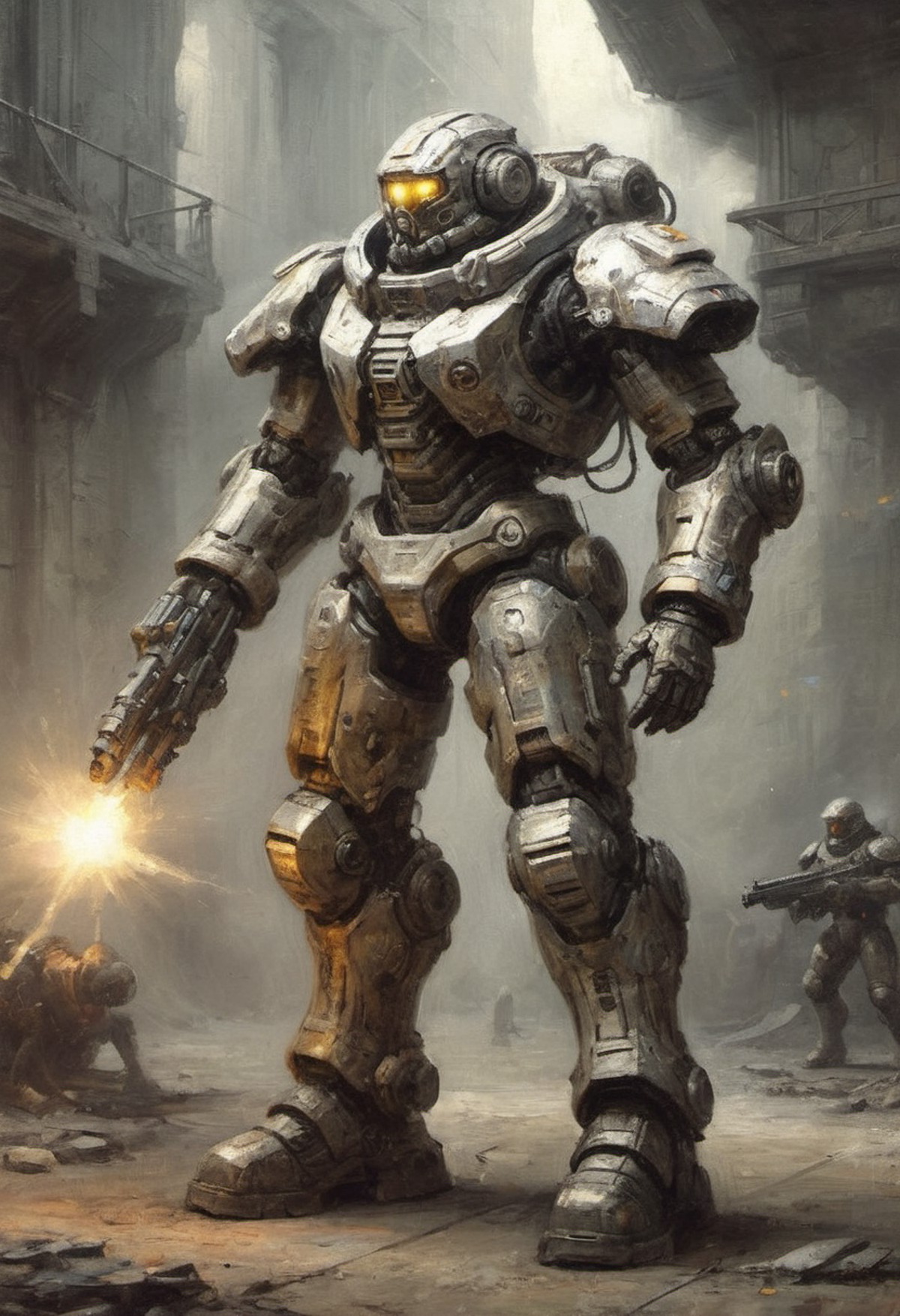 baroque styling meets sci-fi engineering for mech-warrior suit weathered but maintained baroque mech warrior soldier's fac...