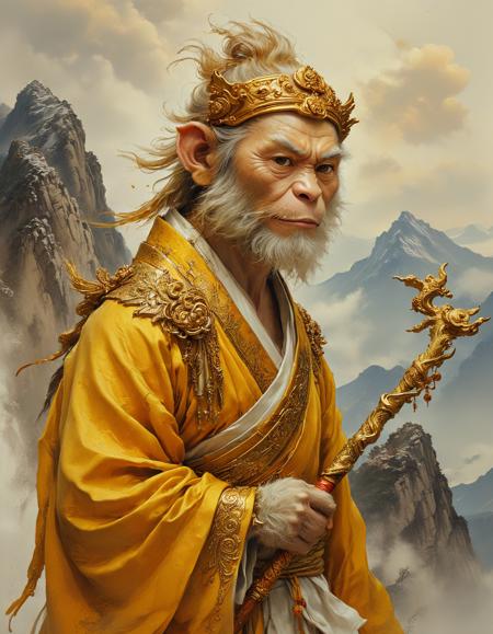 (On a mountaintop that pierces the heavens, the Monkey King stands tall. His eyes sparkle with intelligence and wit, his playful grin hinting at his mischievous nature. His golden staff rests upon his shoulder, a symbol of his immense power and unwavering confidence.:0.5) ([Fashion Sketch|Movie Poster Design]:1.3)
