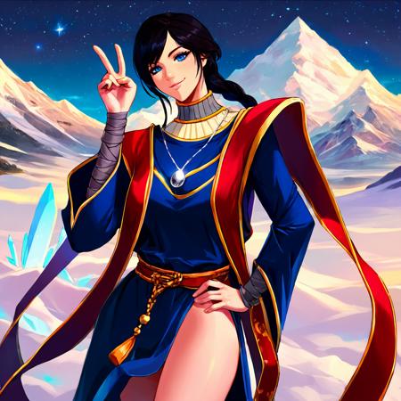 sorceress sellen, magician robes,bandaged foot,necklace, blue eyes,black hair,braid,very long hair, stone helmet,covered face,