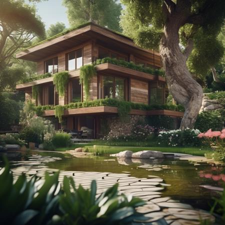 barnum-color cinematic photo  (concept archviz villa:1.2) design, modern rustical house, pond in the garden outside,  elaborate terrace,  texture cracked dry treebark (cracked wood style room ) design, lush flowers, green trees with intertwined roots, <lora:treebark-SDXL-s-exp:0.6> . 35mm photograph, film, bokeh, professional, 4k, highly detailed