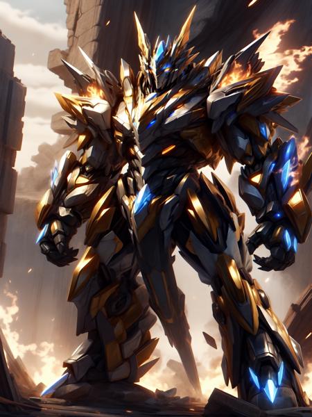 Golden crystal mechs,full body,heavily armored mechs,heavy armor,thick limbs,glowing eyes,fire,debris,glow,sunlight,mecha_robot,transformers style,<lora:nijimecha2:0.7>,nijimecha,