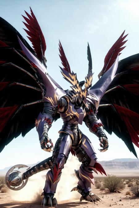 a  winged dexdoru roaring in the middle of a desert,upper body,cropped,wings,horns,raw photo,8k,cinematic shot,professional photography, <lora:Dexdorugoramon:0.8>