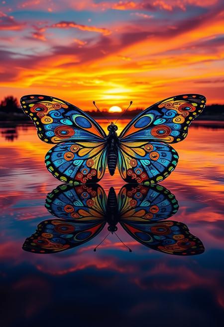 This image features a large, colorful butterfly resting on a reflective water surface. The butterfly's wings are adorned with intricate, swirling patterns in vibrant colors such as blue, orange, and yellow. The patterns create a mesmerizing, almost psychedelic effect.
The background showcases a stunning sunset, with the sky painted in vivid hues of orange, pink, and purple. These colors are reflected on the water, enhancing the overall visual impact. The water appears calm, providing a mirror-like reflection of the butterfly and the sky, adding to the surreal and tranquil atmosphere of the scene.