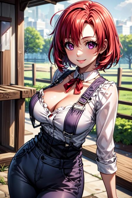 best quality, masterpiece, 1girl, (solo:1.1), raytracing, ultra detailed,detailed face, 8k wallpaper, wide hips, <lora:more_details:0.5>, smile, CowGirlNDV, 1girl, red hair, purple eyes, large breasts, short hair, ahoge, cowboy shot, shirt, jeans with suspenders, outdoor, farm,  <lora:CowGirlGS_NDV:0.7>