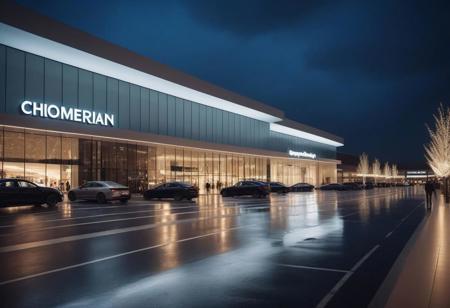 cinematic film still photo ,modern architectural design of shopping mall, broad lighting ,((a modern shopping mall exterior design)) ,night time ,cars, pedesterian,wet asphalt ,long camera exposure,(masterpiece, best quality), over shoulder view, photorealistic, 8k,,bokeh, cinemascope, moody, epic, gorgeous, film grain, grainy