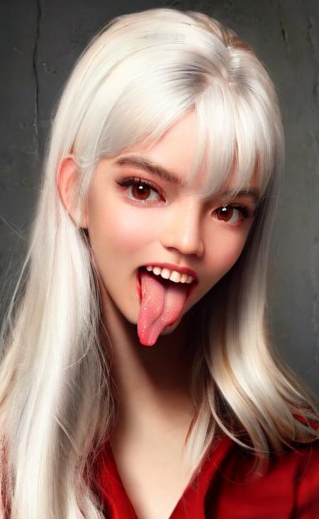 beautiful slim fit woman with her tongue out, world record length tongue, white caucasian, mouth open, smile, eyes open, looking a the camera, white hair, short hair, very detailed, sharp focus, aesthetic<lora:anyaTaylorJoy_anyaTaylorJoy:1> <hypernet:femaleTonguesAnd_femaleTonguesAnd:1> <lora:amberGenshinImpact_v1:1>