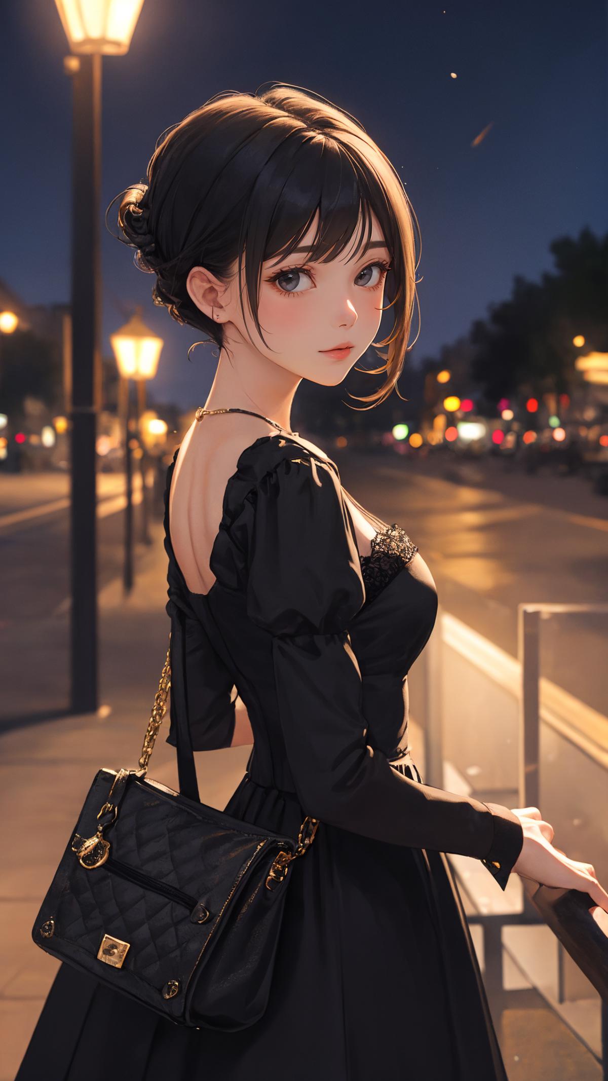 Anime-style drawing of a woman in a black dress.