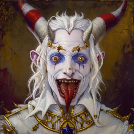 (Michael Hussar, Lowbrow,, oilpainting),1boy, devil jester, horns off screen, star irises, teeth, tongue, pointy ears, detailed textures, white hair
-(<nastymagicvt>:0.6), (<djnegx1>:0.4),
Steps: 20, Sampler: DPM++ 2M Karras, Guidance Scale: 6.5, Seed: 2049945940, Size: 768x768, Model: ps9_fp16_f16.ckpt, Strength: 1.0, Seed Mode: NVIDIA GPU Compatible