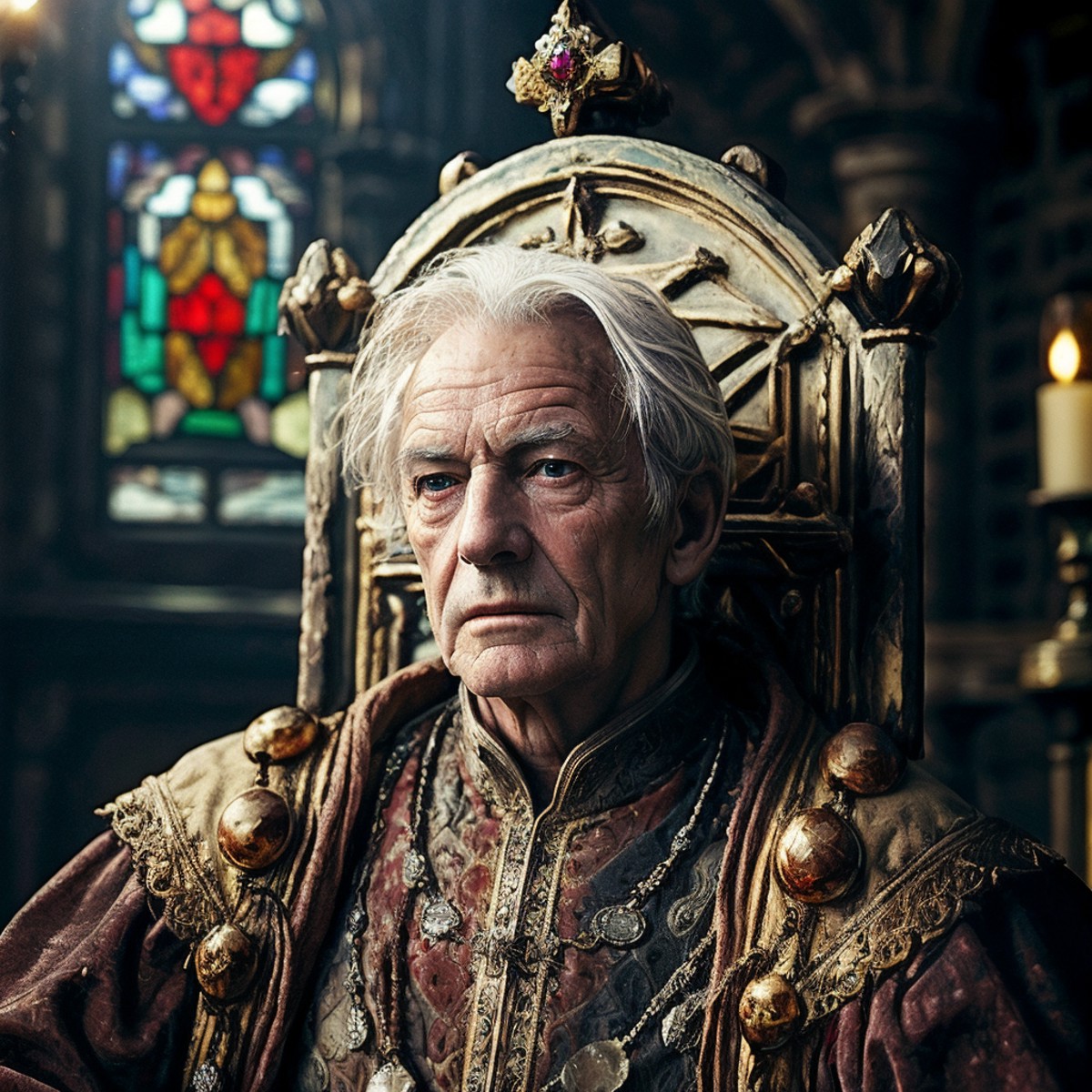 highly detailed horro photo of (rpgroyalty:1.0) in a medieval throne room,

old, jewelry, white hair, old man,

looking at...