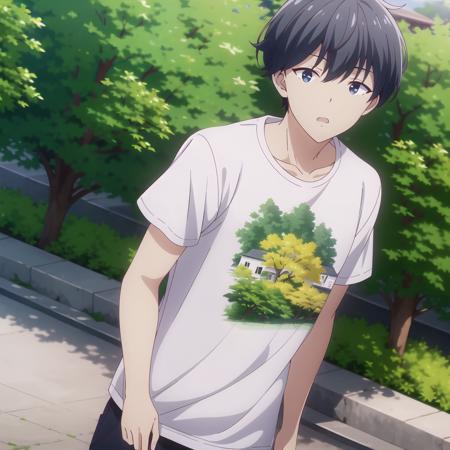 high quality, best quality, masterpiece, absurdres, kohei makino, t-shirt, pants, 1boy,  <lora:makino:0.75>, solo, park, sun, day