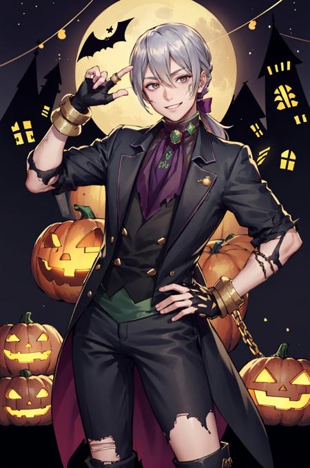 highest quality, halloween, full moon, pumpkins, candy, 1boy, looking at viewer, smile, <lora:JakobFE:0.85> halJakob, scar, ponytail, fingerless gloves, torn clothes, chain, closed mouth, halloween costume, hands on hips