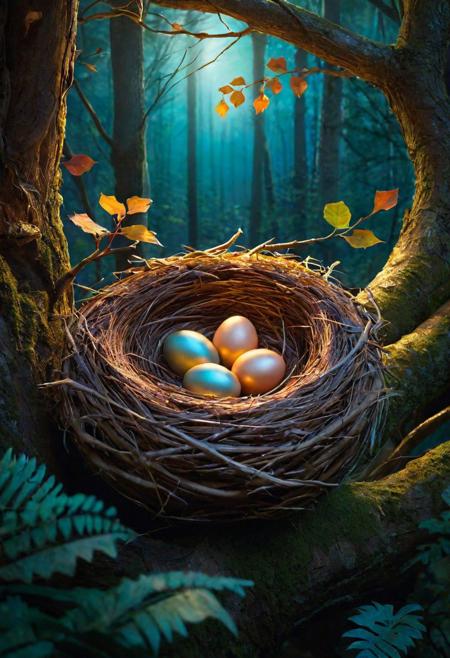 Insanely detailed illustration, beautiful composition!! A bird nestled in her nest, set against the backdrop of a forest at twilight. The nest, glowing with a soft, luminescent light, cradles the bird as she watches over her eggs. The forest around her is bathed in the gentle hues of dusk, with shadows and light playing across the leaves and branches. The scene combines the real with the surreal, creating an atmosphere of enchanting tranquility and natural magic. The bird and her nest are depicted with hyperrealistic detail, each feather and twig rendered with precision, glowing subtly as if illuminated by an inner light. The overall effect is ethereal, blending the bird and her nest seamlessly with the mystical forest environment, as if they are an integral part of this magical world. The colors are deep and vivid, adding to the intense and infinite feel of the scene.