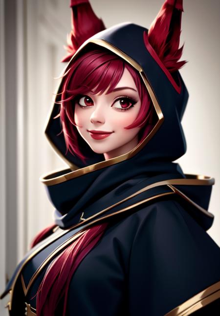 sfw, <lora:xayah:0.8>, xayah, hood, 1girl, solo, smile,, (masterpiece, best quality, absurdres, detailed, ultra-detailed:1.3), beautiful