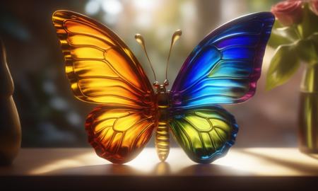 <lora:colouredglazecd_xl-000006:0.5>, a statue of a butterfly made of glaze, (colouredglazecd_xl, transparent:1.3, see-through, solo:1.3), no humans, colorful theme, indoors, (Unbelievable Digital Artwork:1.3), CGSociety, ArtStation, master works, 8K,HDR,UHD,masterpiece,best quality,highly detailed,emotional,harmonious,high budget,moody,epic,gorgeous,high resolution,perfect lighting,finely detail,extremely detailed,ultra detailed,realistic,photorealistic,huge filesize,photographic,real,wallpaper,moody lighting,volumetric lighting,reality ray tracing