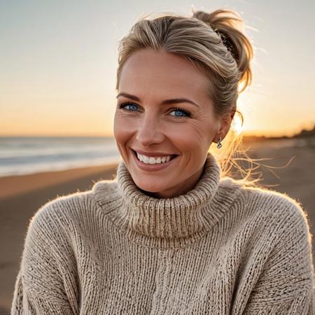 A hyper-detailed, high-resolution (8K) close-up portrait of a 40-year-old woman with sleek blonde hair tied back , wearing an oversized detailed beige knit sweater with delicate silver jewelry. Her striking blue eyes gleam with warmth, framed by delicate laugh lines that enhance her inviting charm. Subtle Wrinkles on her face, natural skin texture, Detailed natural skin, The background is a sunset beach, the golden hour, Shot with a Hasselblad H6D-100c medium-format camera, using a tight crop and shallow depth of field (f/2.8) to emphasize the fine details of her woolen sweater and natural skin texture. The lighting is warm and diffused, casting a golden glow reminiscent of a Thomas Kinkade painting.