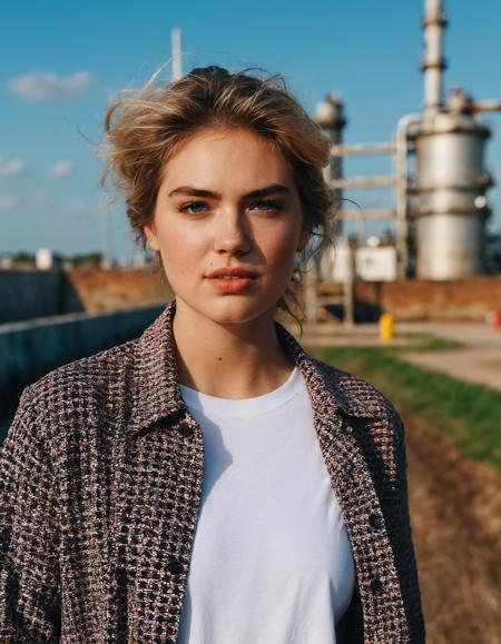 cinematic photo professional fashion close-up portrait photography of a ((ohwx woman)) at agricultural wastewater treatment plant during Noon, Nikon Z9,  mole <lora:kateupton_dh128_lora_v2b:1.1> . 35mm photograph, film, bokeh, professional, 4k, highly detailed