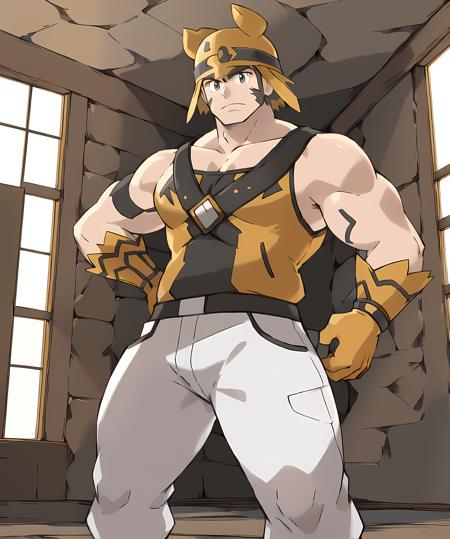 best quality, masterpiece, voldon, standing, dojo, gym, muscular, 1man, hat, tanktop, arm crossed <lora:Voldon-13:0.8> sugimori ken \(style\)<lora:pokemon_v3_offset:1>