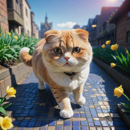 (designed by Atey Ghailan:0.7) and (Sakimichan:1.2) , anime key visual, hyper detailed, overhead angle of a Furious 1800'S (Scottish Fold Cat:1.3) , city and Daffodil background, Bantu flowers and Neutron star in background, Hurricane, shallow depth of field, Cel shading, Fairy-Tale, mosaic, hair light, F/14, Provia, Cross Processing, epic fantasy, RTX, beautiful