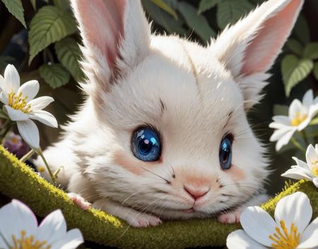 <lora:PKMN_Marnie-DEF:0.4>  <lora:HirohikoArakiJoJo:0.6>  ,closeup macro portrait , ,, painting,[In a mystical garden, a tiny and adorable rabbit with soft, fluffy fur hops and plays among the flowers. Its fur is a creamy white, and its eyes are a bright and sparkling blue. It nibbles on a delicate flower, and its nose twitches with every movement.], , adorable giant eyes, ,[cga colored lighting, raytracing, HDR]