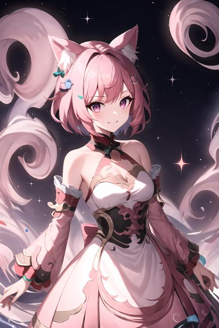 8K, ultra high resolution, ultra high quality, masterpiece,Urban,
jiuwei, solo, dress,  pink hair,  bare shoulders, detached sleeves, hair ornament, short hair, smile, animal ears，
Galaxy, Fantasy, Creativity，